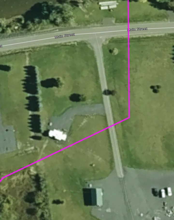 Close-up map: the trail runs right past the property on Main Street